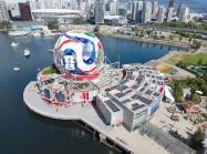 Science World in Vancouver, British Columbia, during its conversion into “The Beautiful Dome”, a temporary structure designed as the adidas Trionda match ball for the 2026 FIFA World Cup.