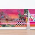 Let Us Gather in a Flourishing Way installation view. Patrick Martinez, Promised Land, 2022. Acrylic, stucco, neon, Mean Streak, ceramic, spray paint, latex house paint, banner tarp, ceramic tile, tile adhesive, and family archive photo collage on panel. 84 × 192 × 7 in. (213.4 × 487.7 × 17.8 cm). Collection Buffalo AKG Art Museum, George B. and Jenny R. Mathews Fund, 2022.