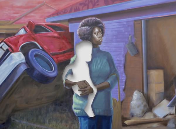 detail painting woman holds missing child