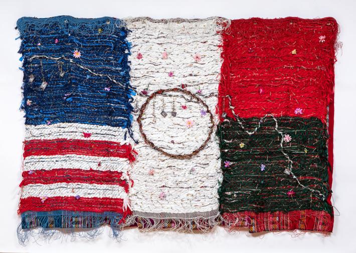 Wire, silk, fabric, safety pins, synthetic and natural threads ​72" x 99" Collection of the Crystal Bridges Museum of Art