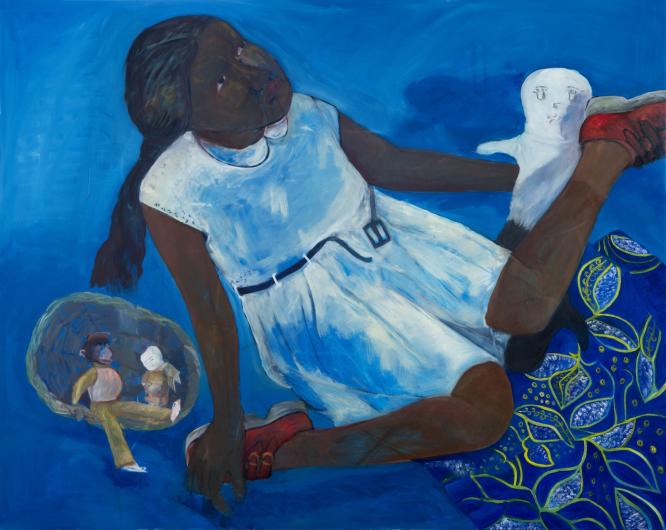 Girl sits in child-like pose in white dress and red shoes. toys lay on the ground to her left. 